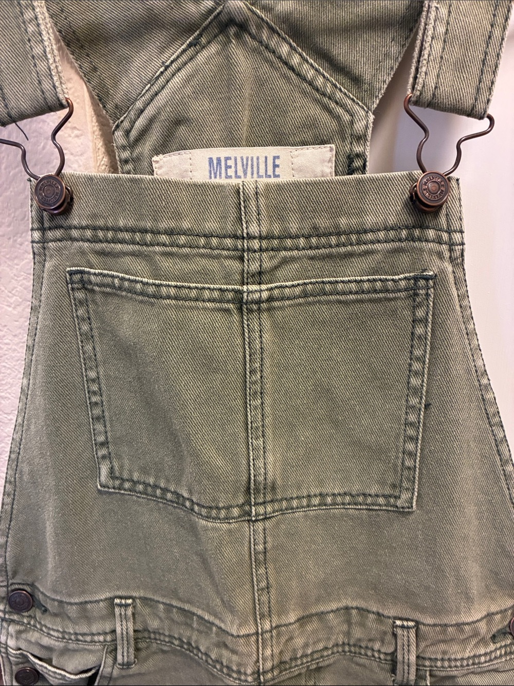 Melville 100% cotton green denim short overalls w/ a distressed, frayed hem. - Picture 6 of 14